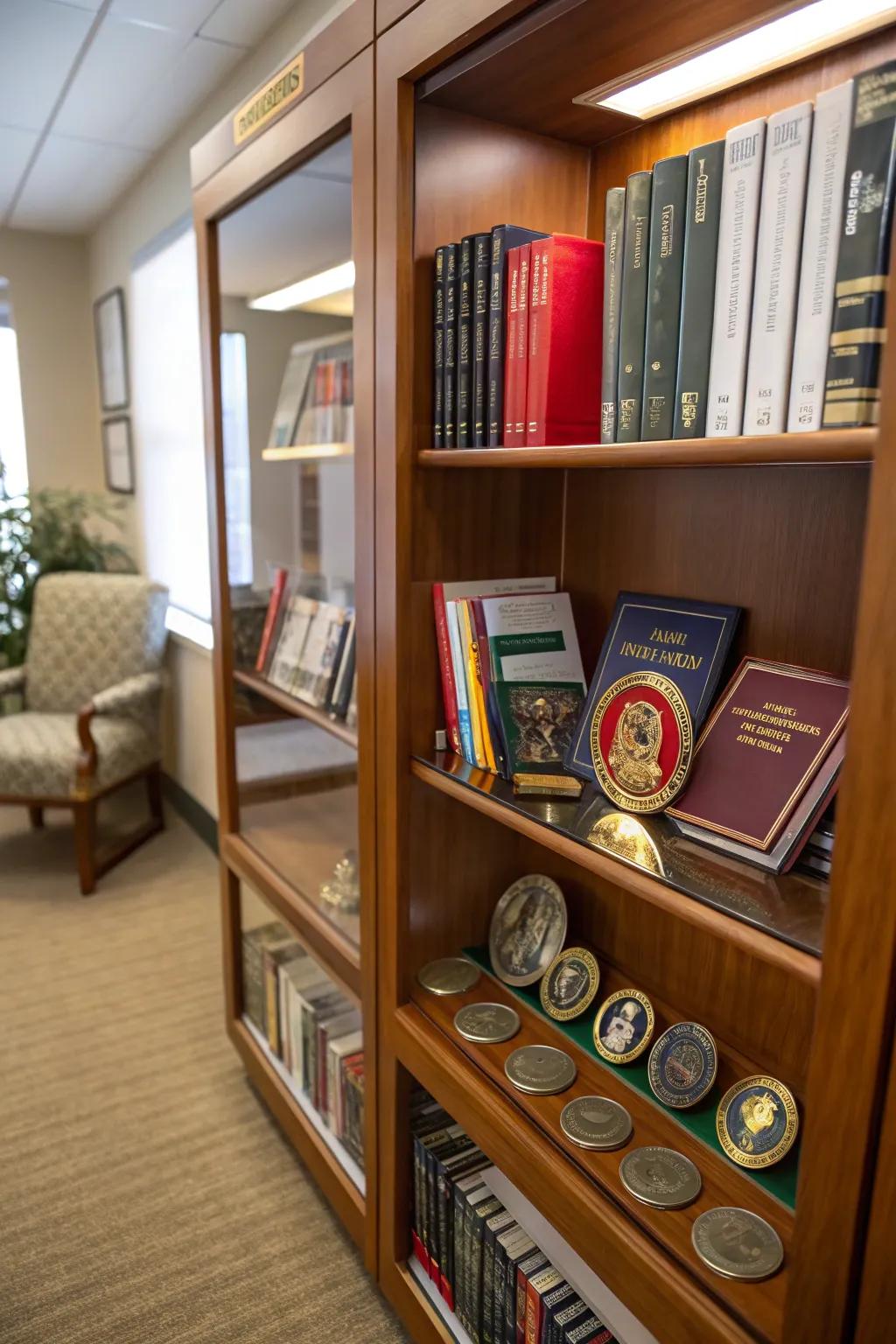 Integrating medallions into bookshelves delivers a seamless and intellectual exhibit.