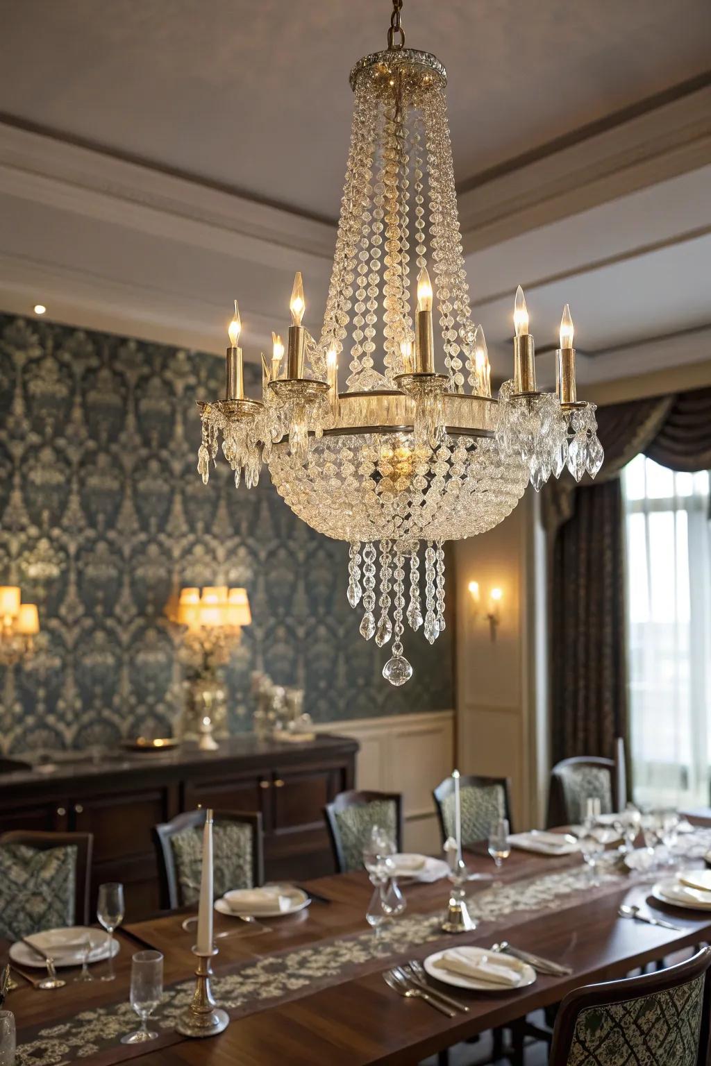 A chandelier with crystal accents brings elegance and sparkle.