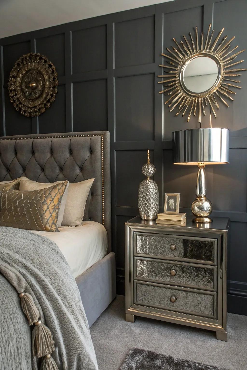 Glamorous metallics enhance deep gray interiors.