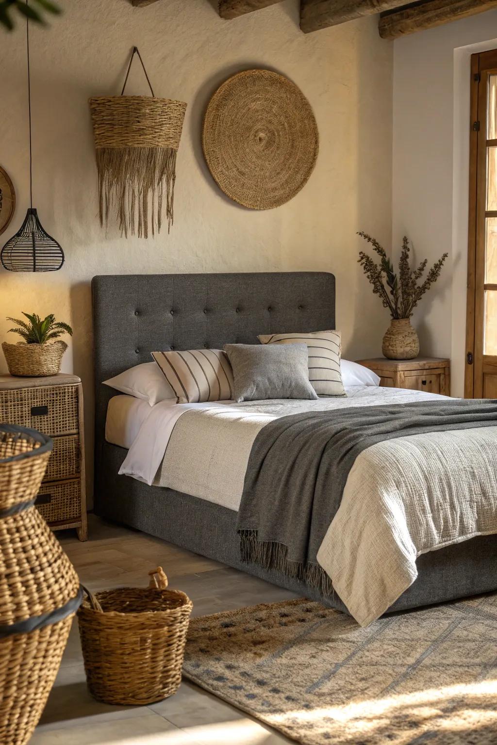Natural touches harmonize beautifully through a coal grey headboard.
