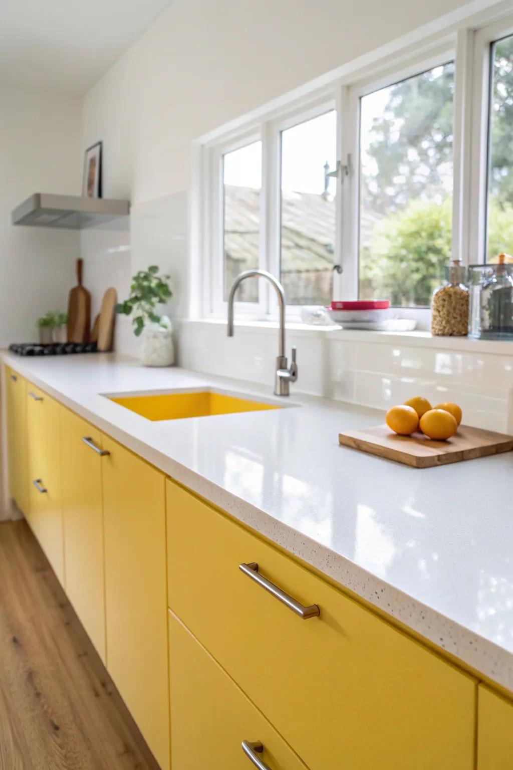 A modern kitchen enhanced by seamless clear sheet surfaces.