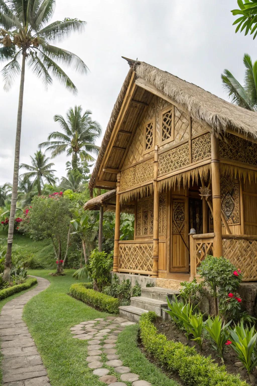 An elegant bamboo house mixing sustainability with natural beauty.