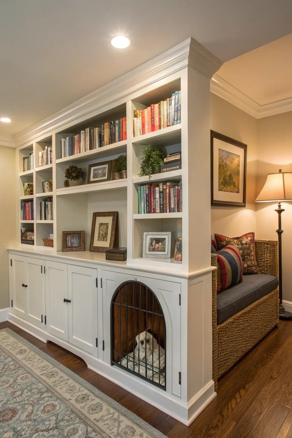 A book lover's dream: a kennel incorporated into a bookcase.