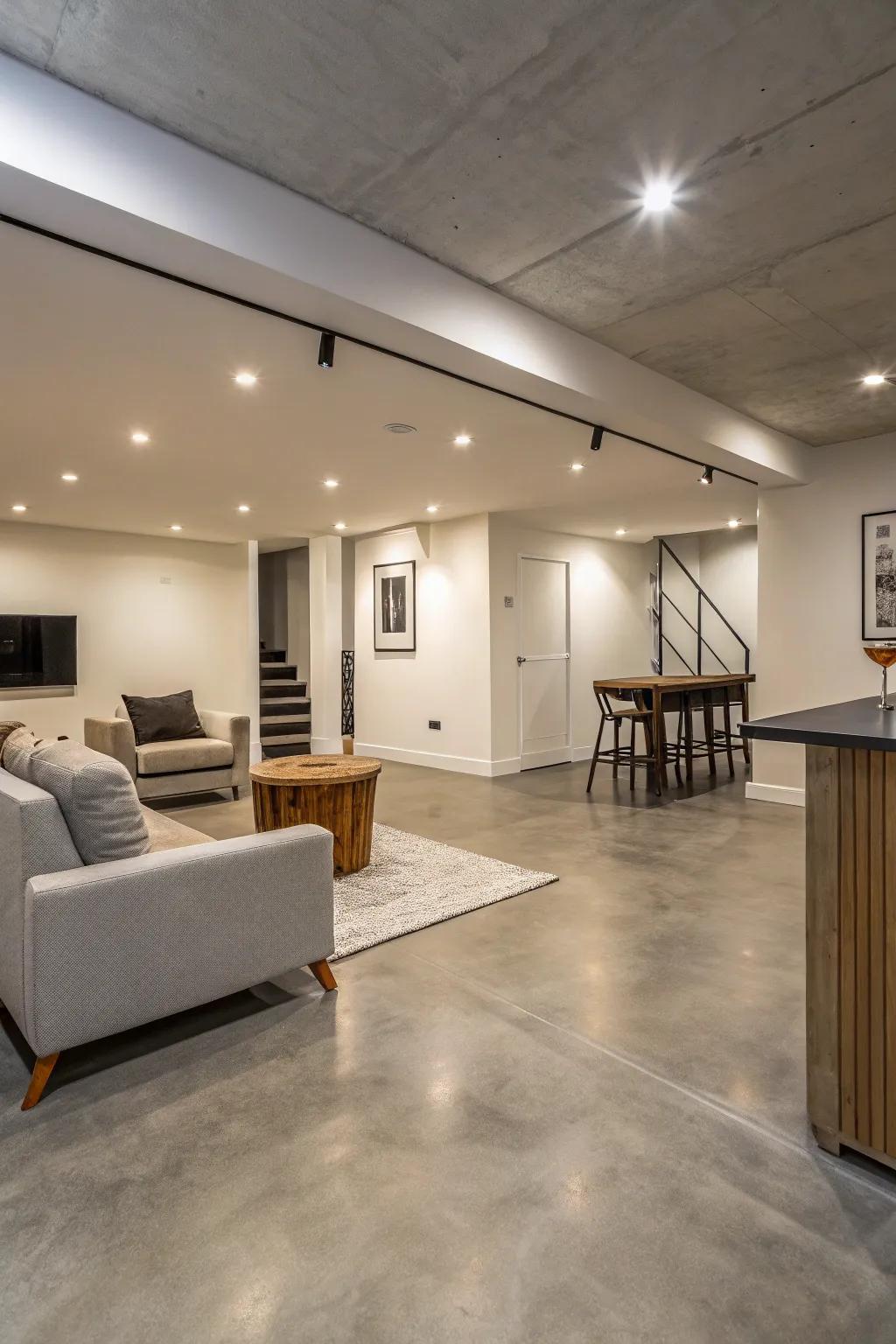 Sealed concrete offers a sleek and minimalist flooring pick for modern basements.