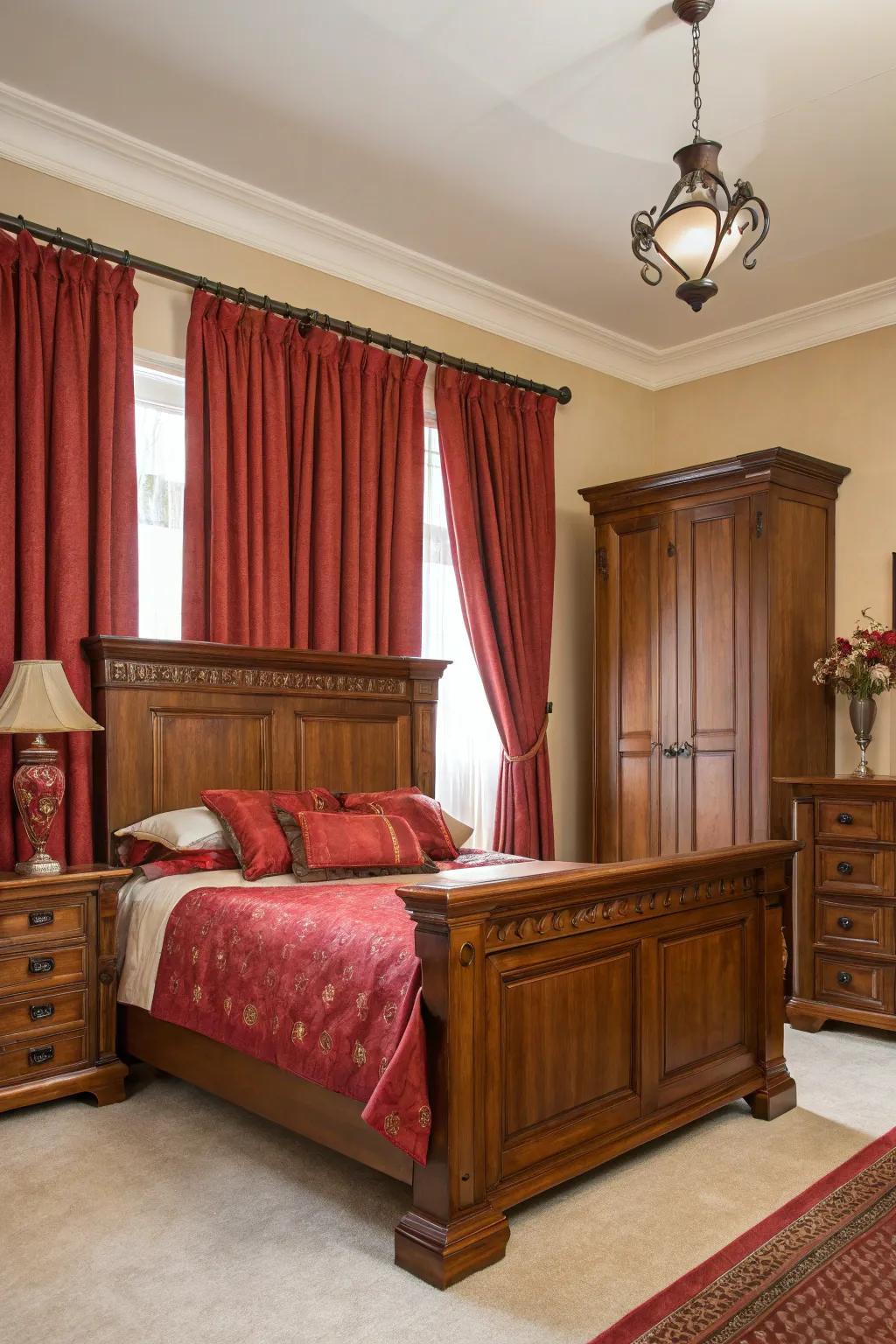 Bold curtains enhancing the cozy tones of walnut wood.