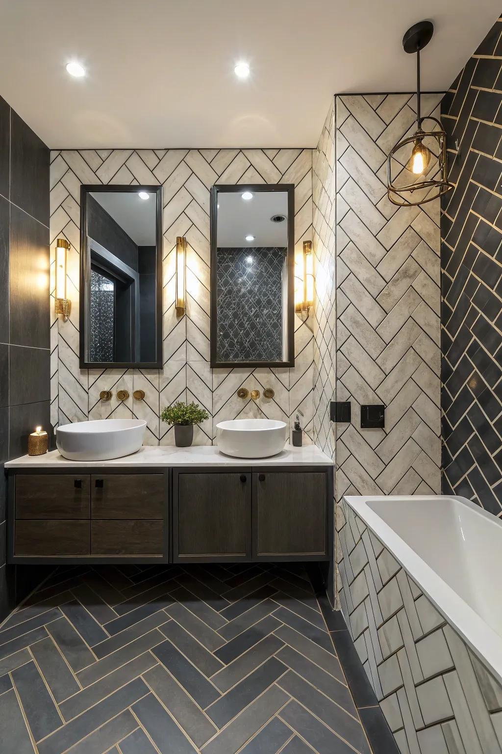 Contrasting grout highlights the herringbone pattern, adding depth and definition to this elegant bathroom.