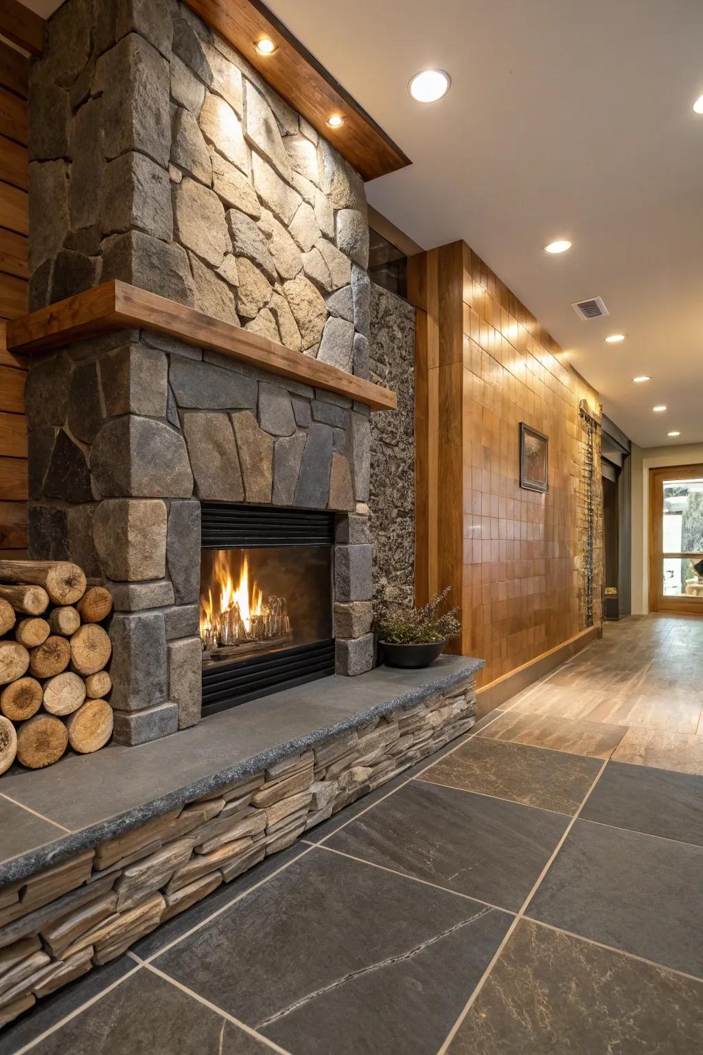 Layered elements surrounding the fireplace fashion rich visual intrigue.