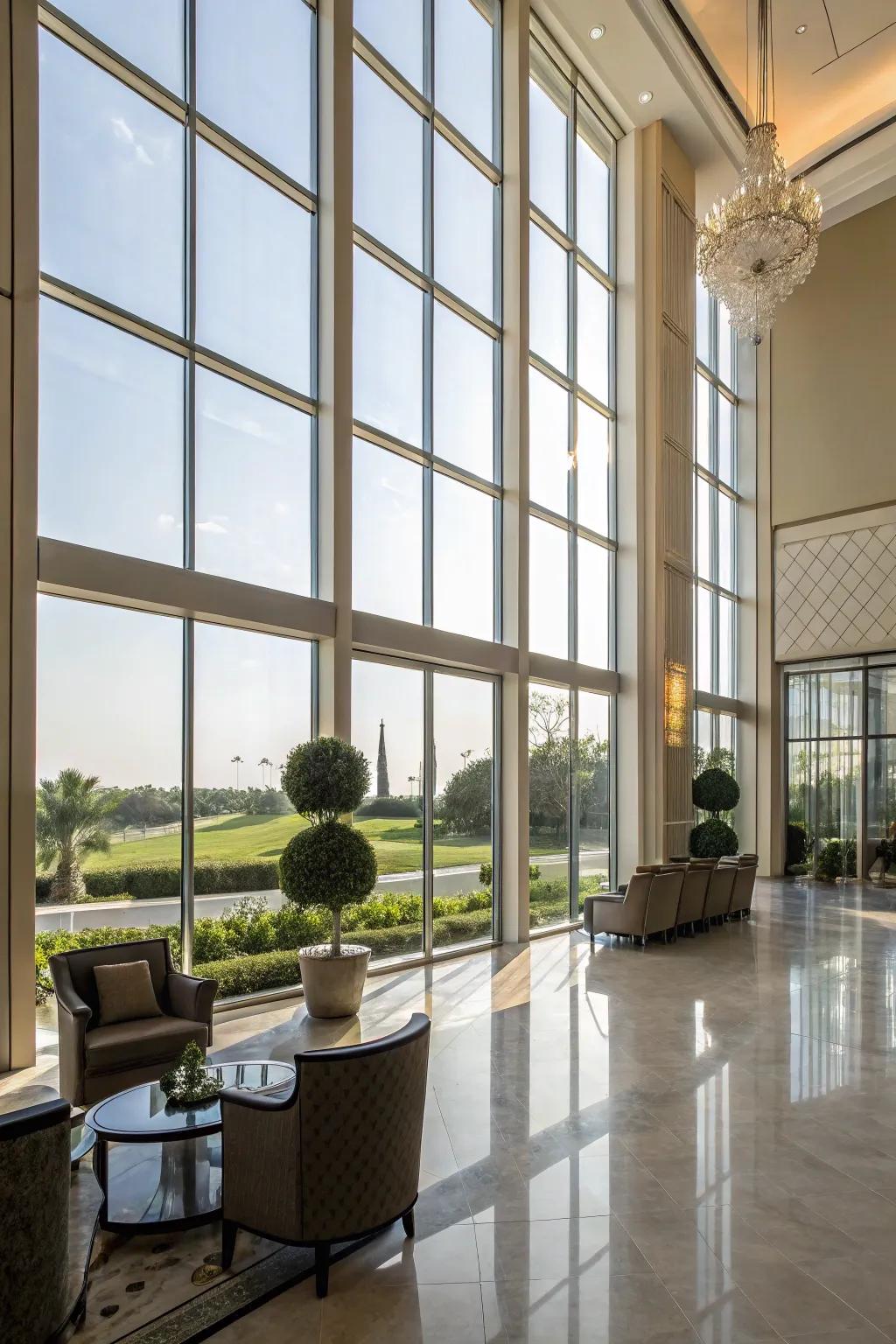 Expansive windows bringing natural light into the lobby.