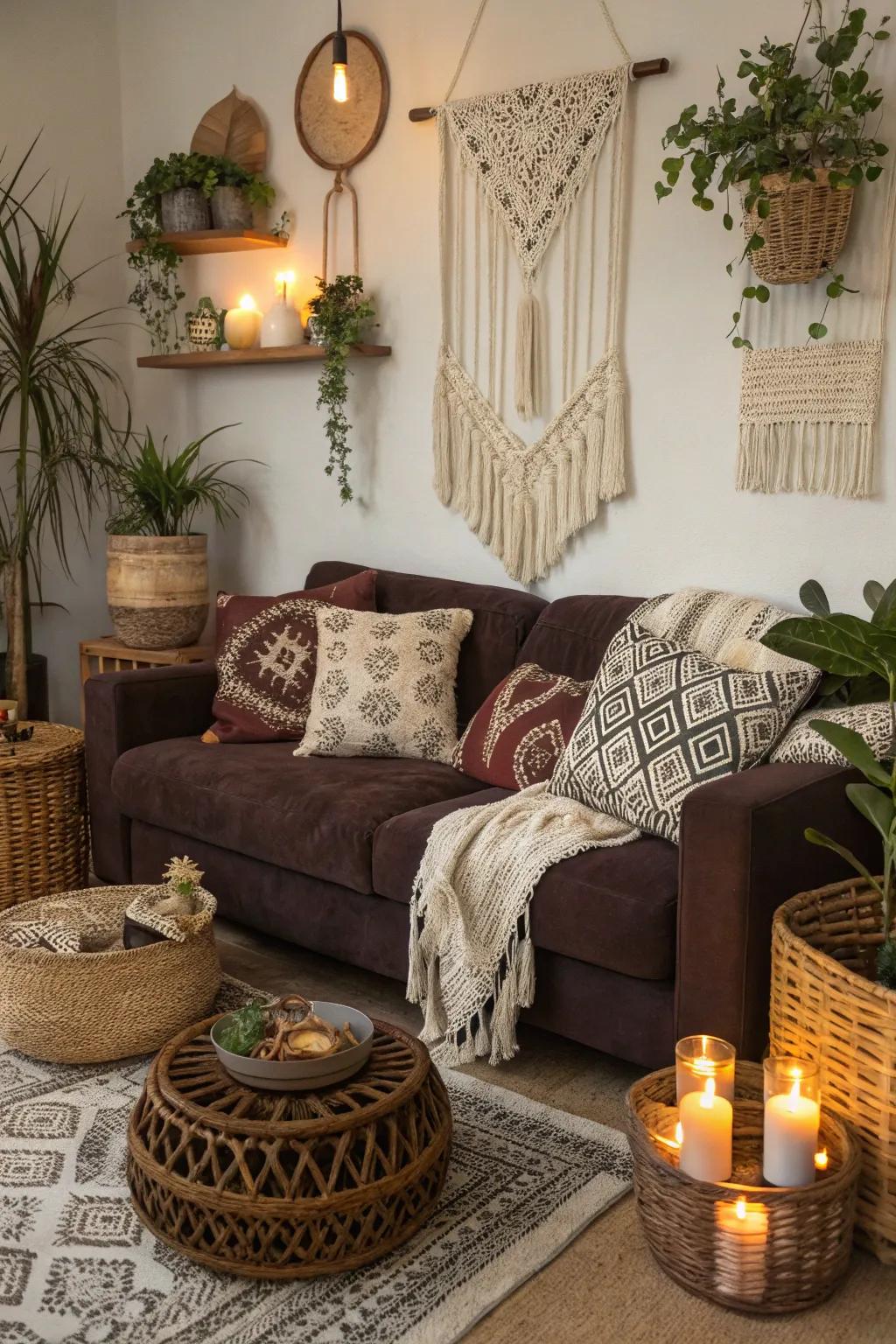 Boho vibes and rich textures create a whimsical atmosphere around a cocoa sofa.
