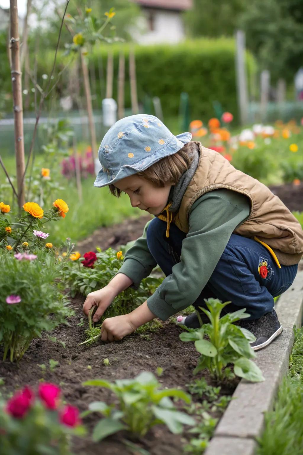 A youthful horticulturist nurturing the familial backyard.