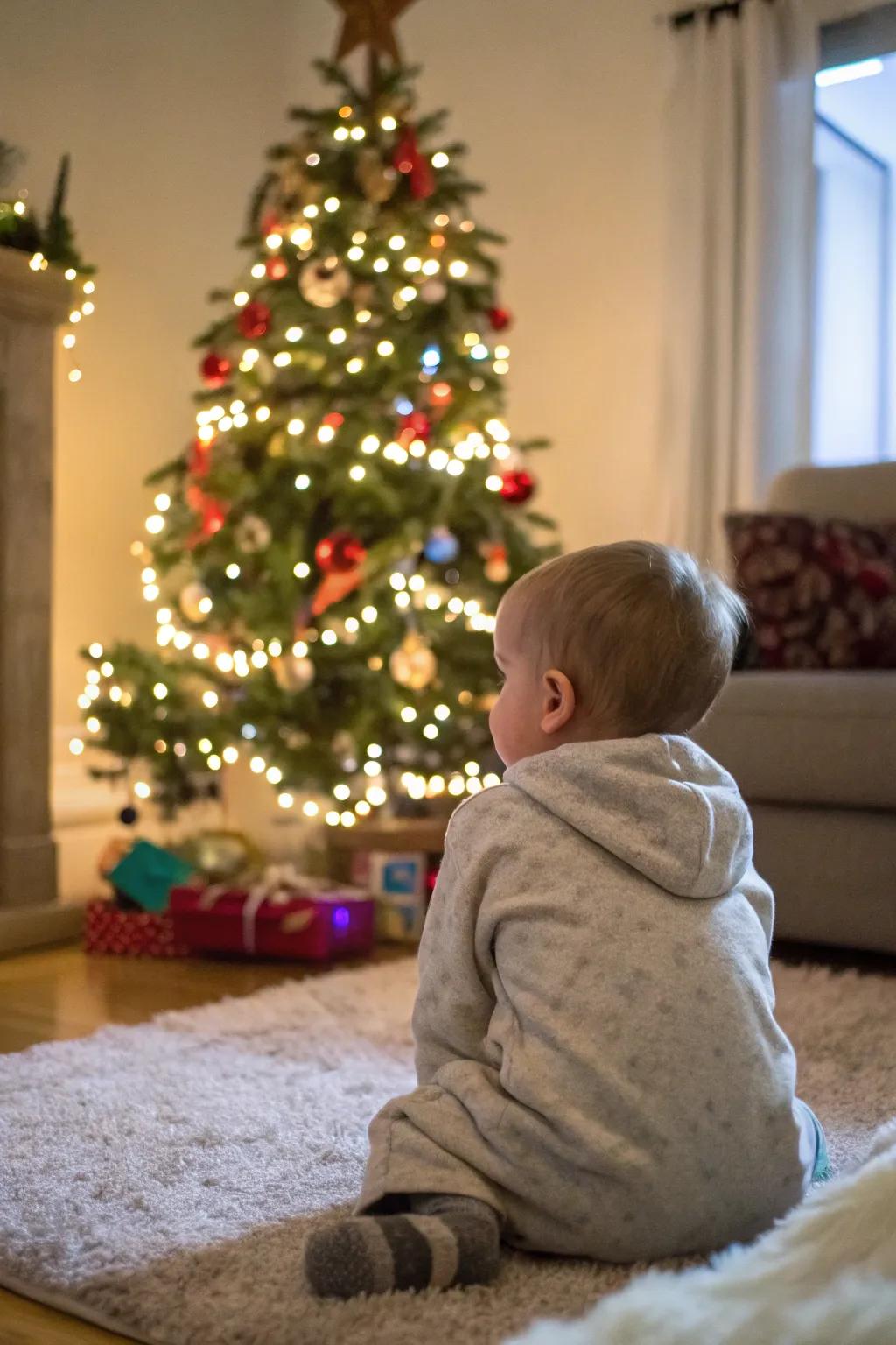A quiet moment of wonder beneath the Christmas tree lights.
