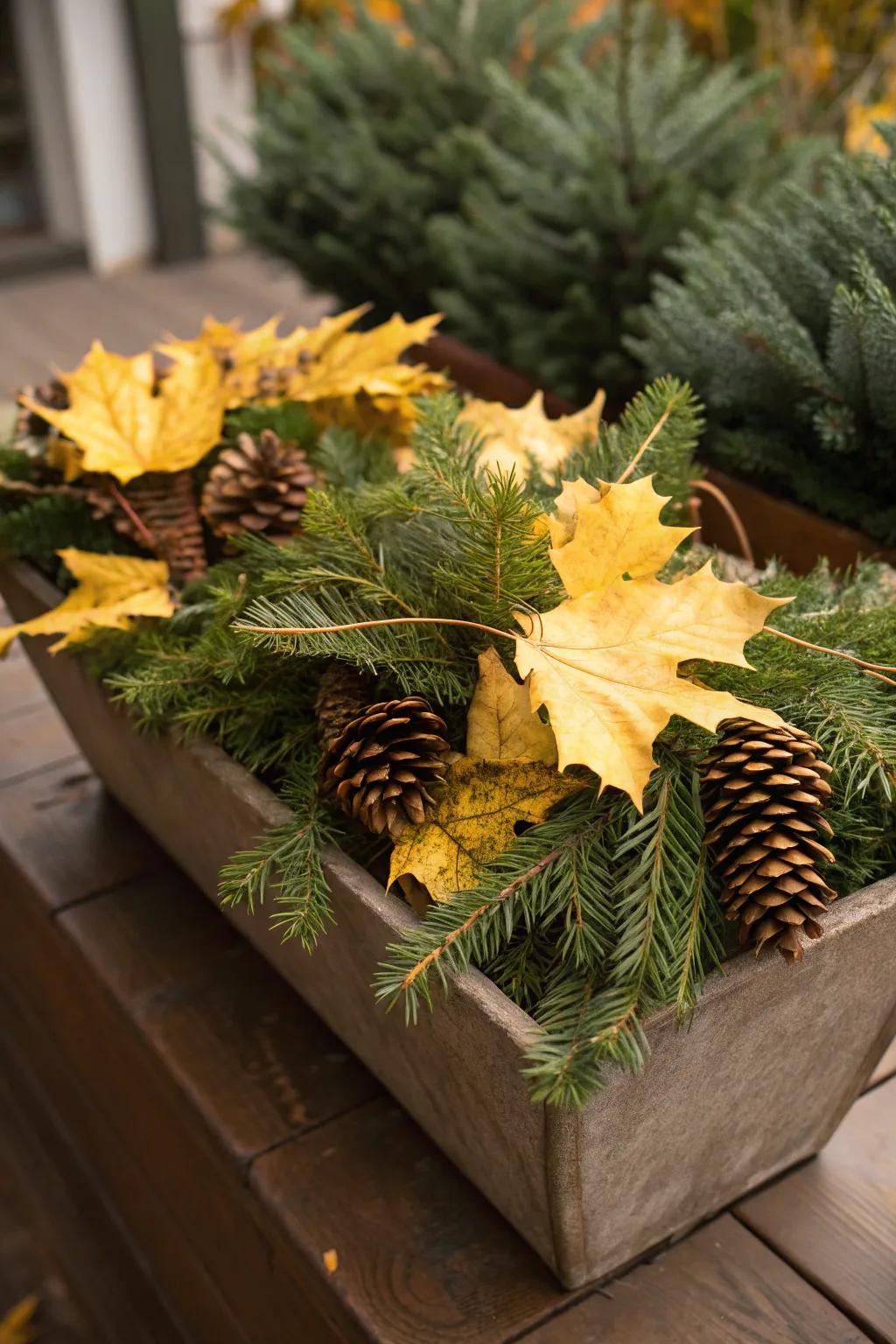 Golden leaves add luxury and festivity to Christmas arrangements.