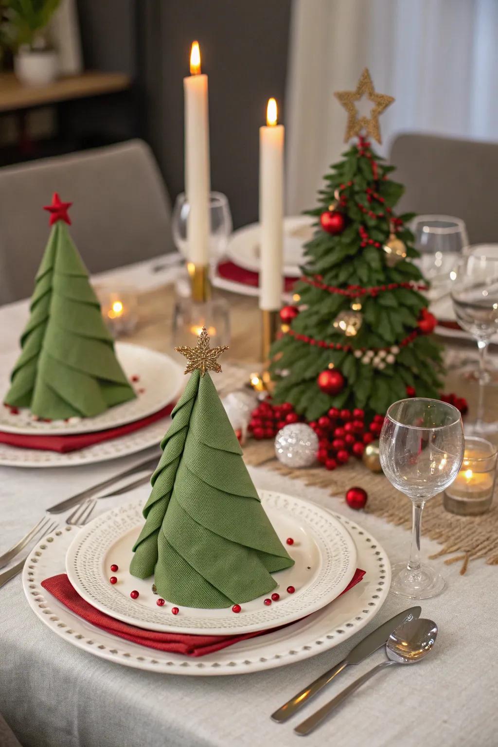 Fabric squares folded as Christmas evergreens bring festive delight.