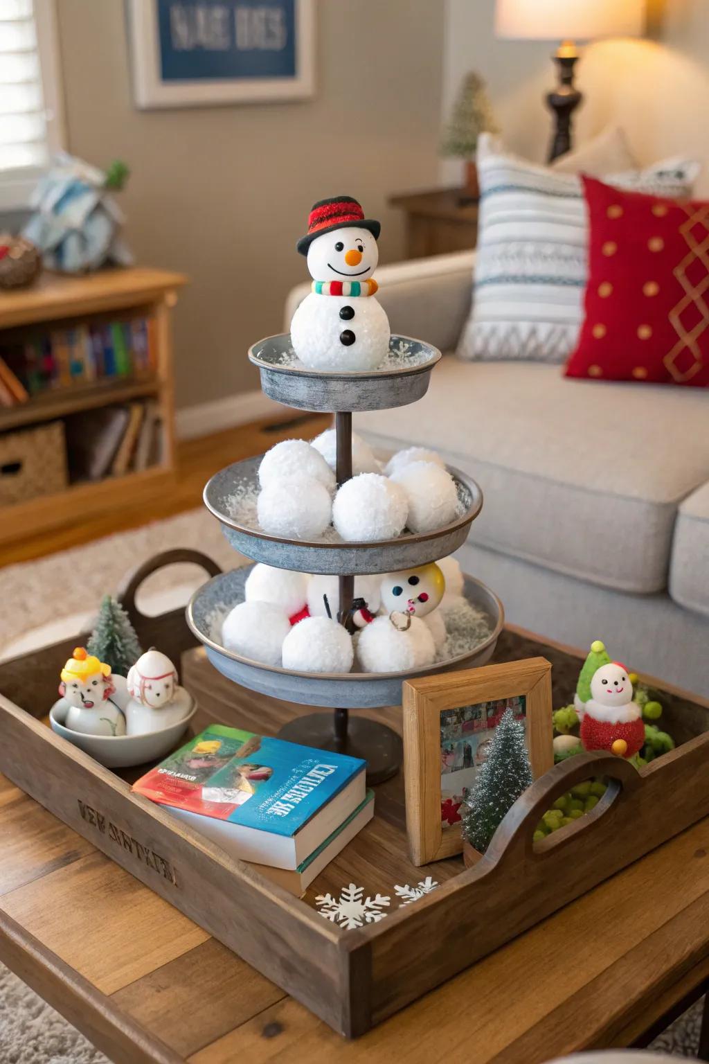 A cheerful snowman get-together on a tiered stand.