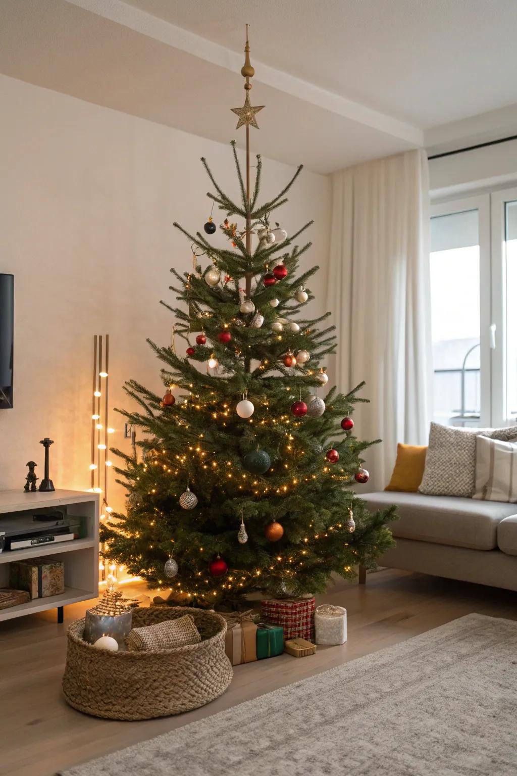 An elegant Christmas tree with minimalist decor and colorful lights, showcasing the beauty of simplicity.