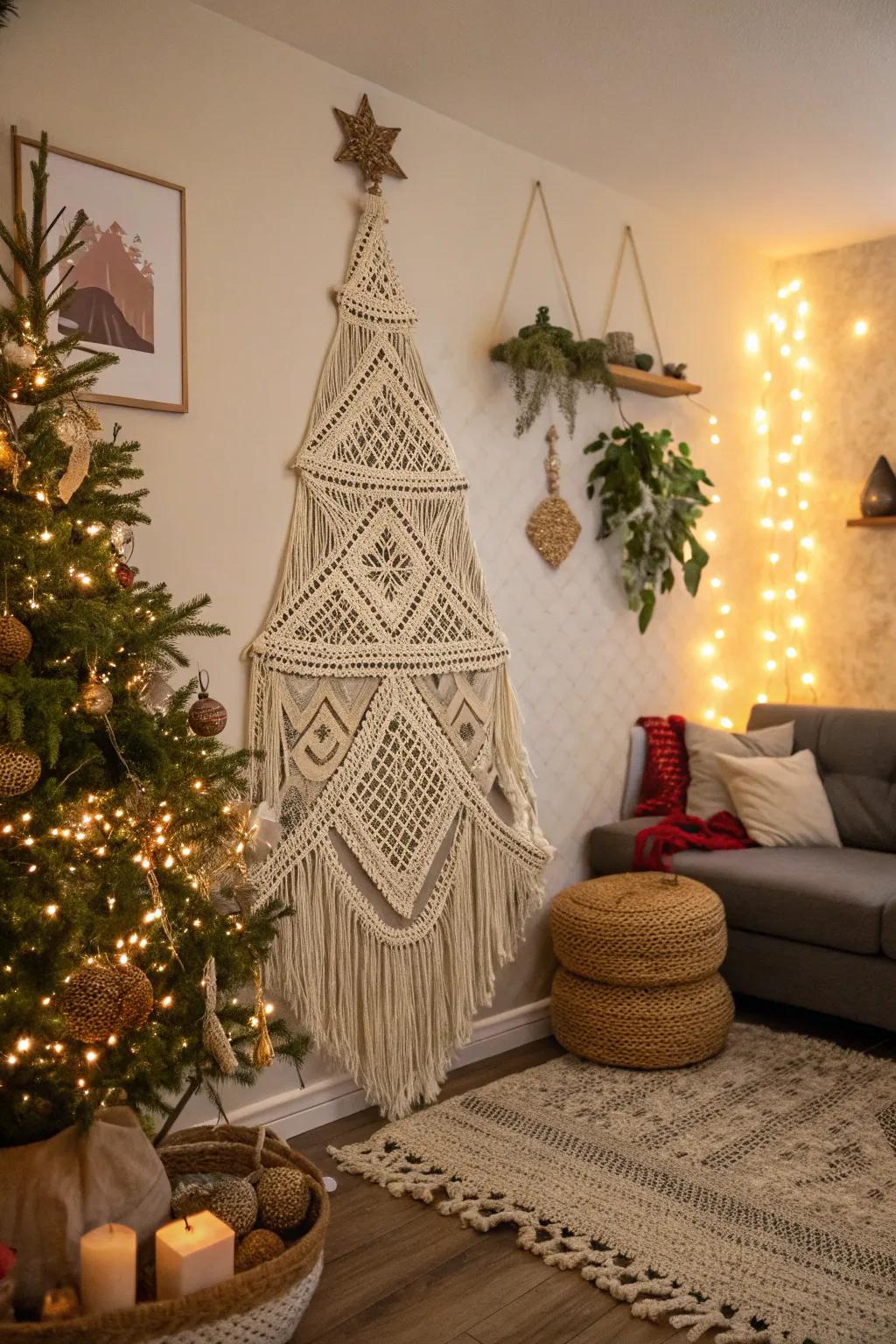 A trendy macramé Christmas tree adds boho-chic charm.