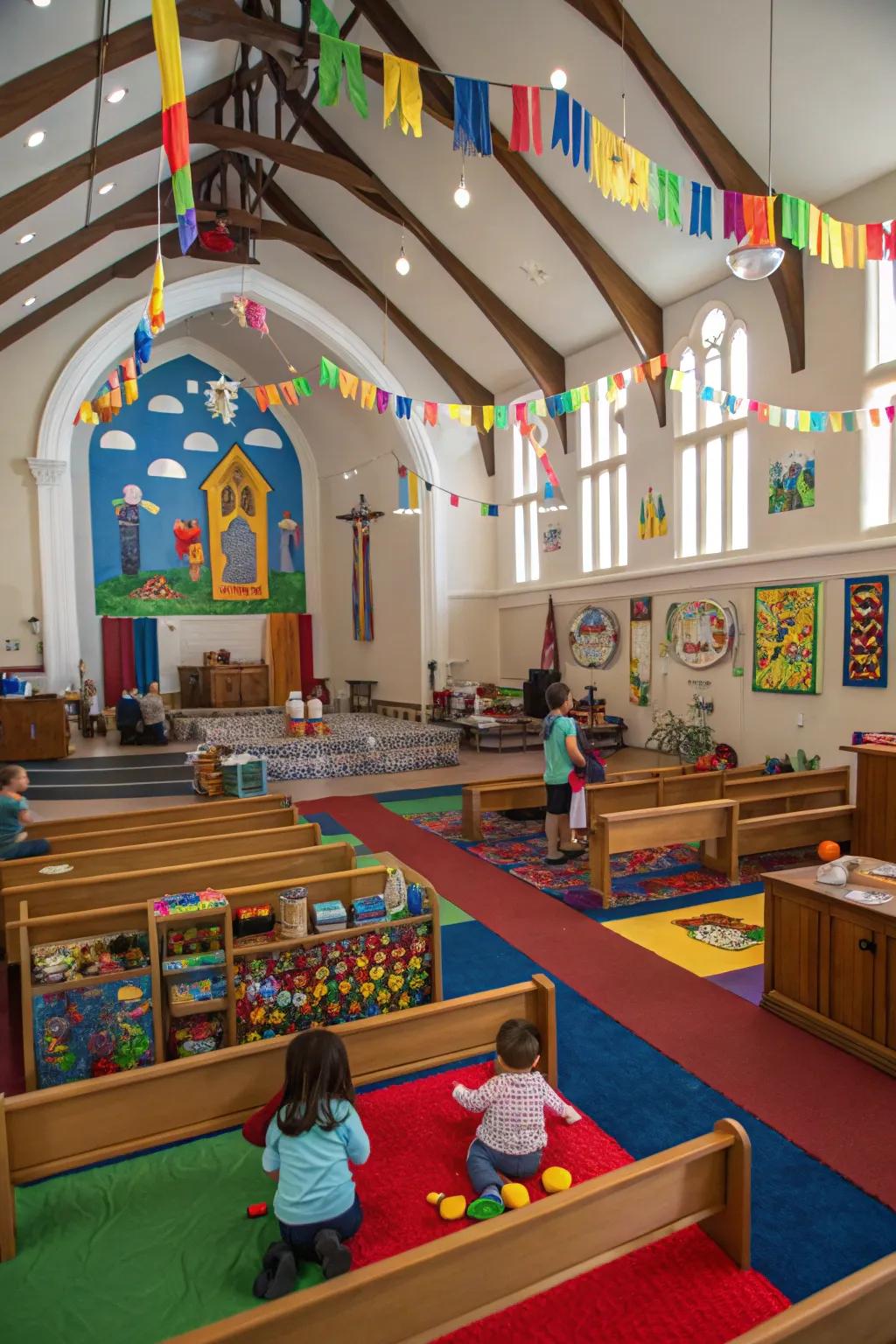 Church children's area with colorful decor.