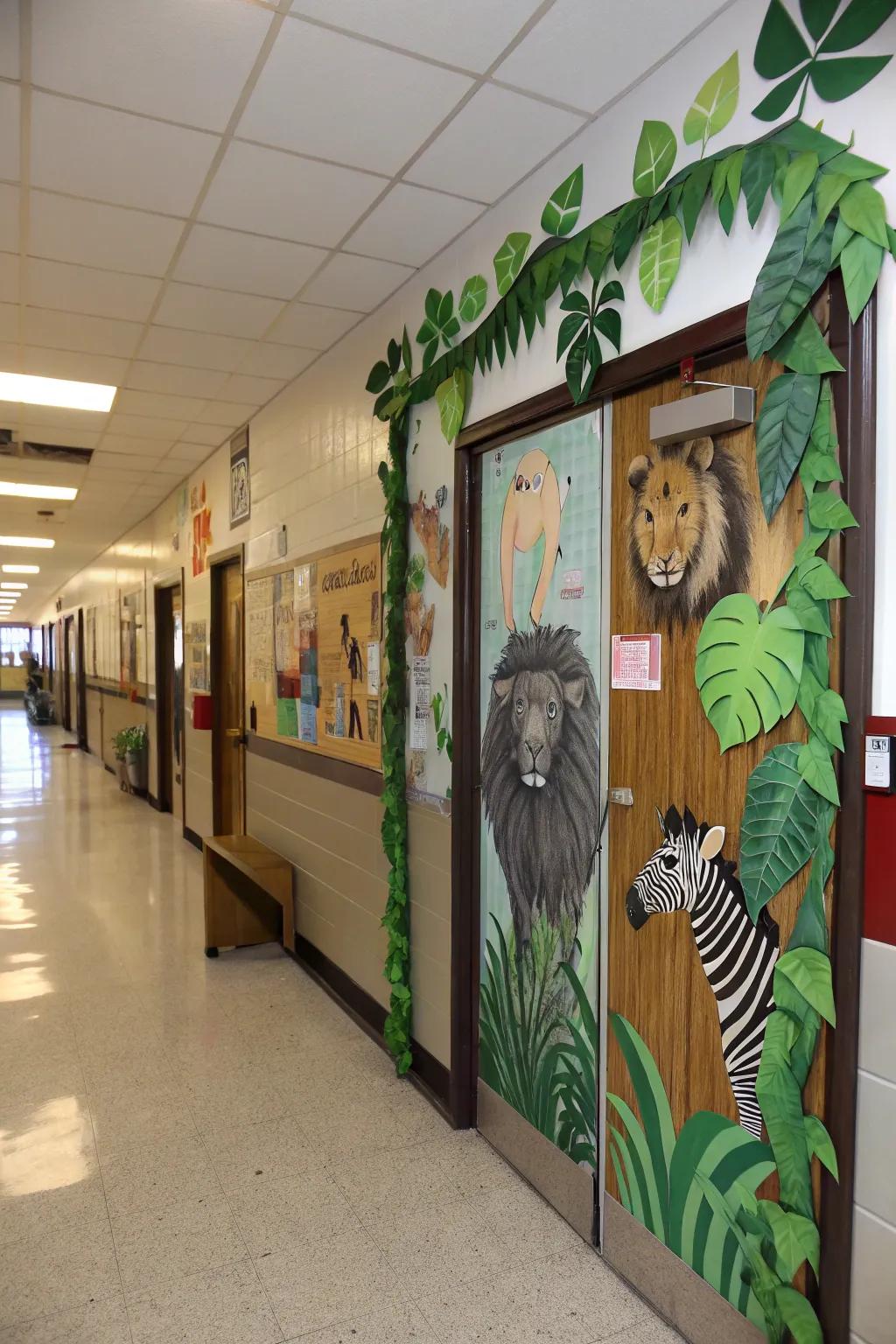A safari-themed classroom door featuring animal prints and foliage.