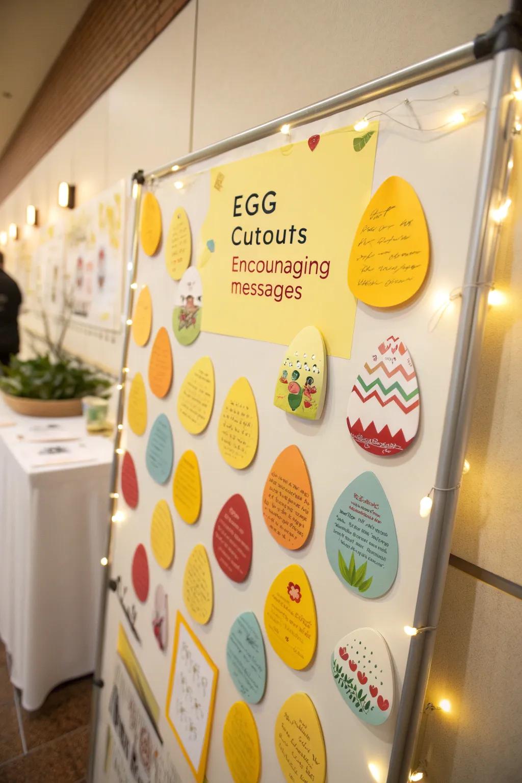 A bulletin board filled with eggs of encouragement and positivity.