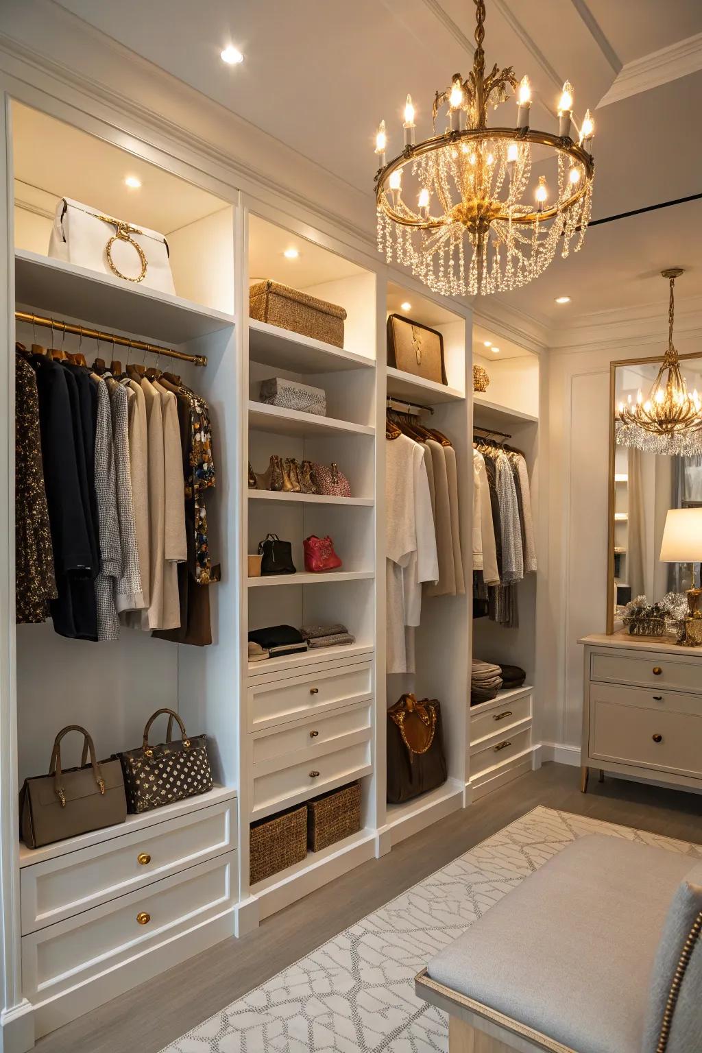 A boutique-style closet provides a luxurious and personalized wardrobe experience.