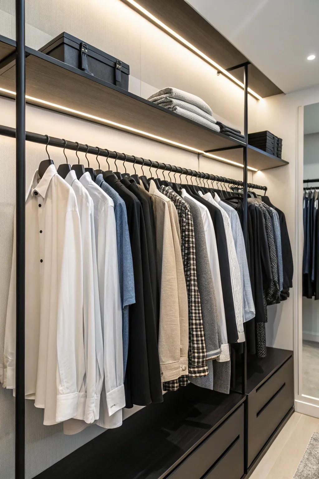 Black matte rails bring sophistication and style to closet design.