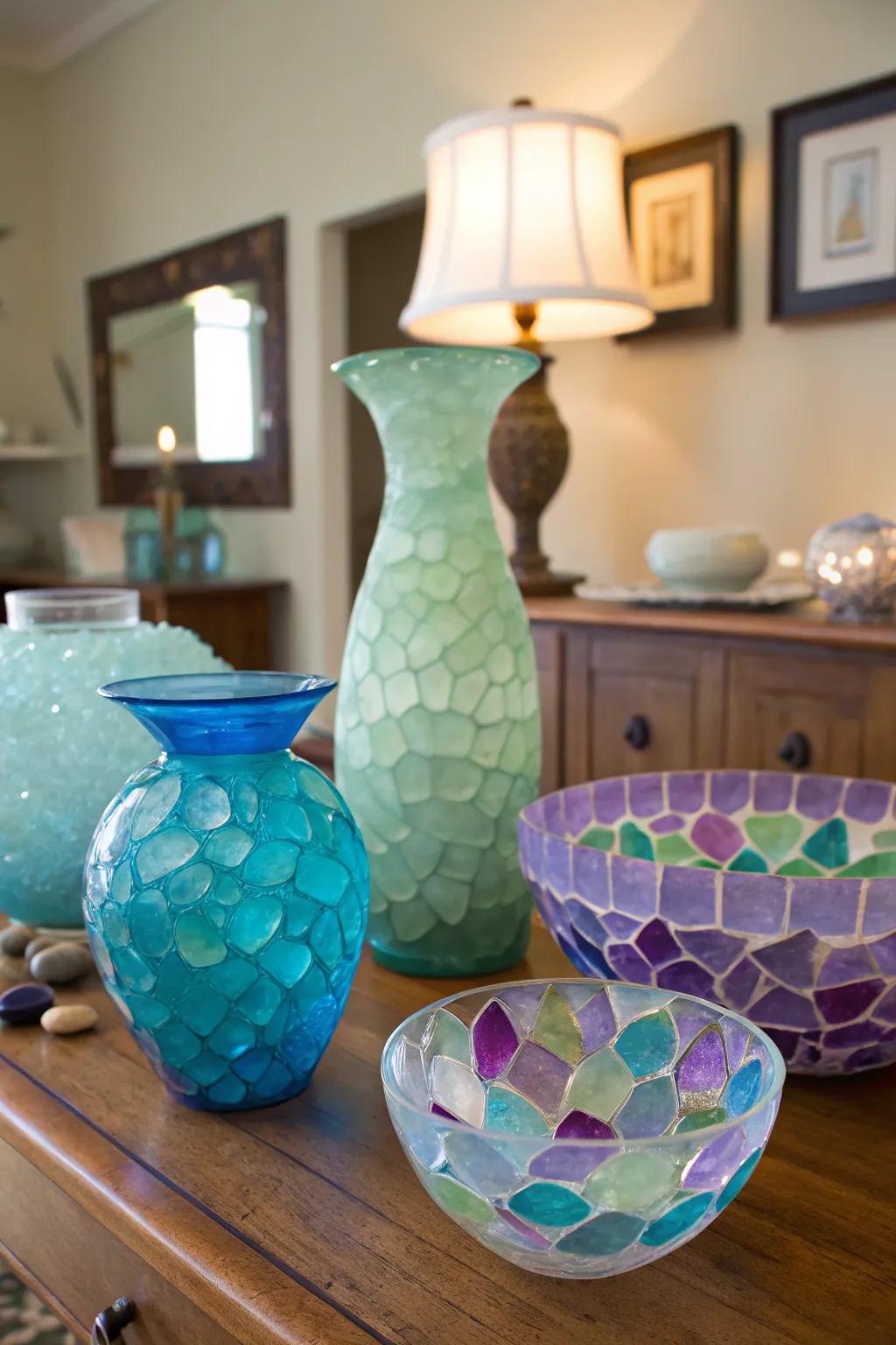 Seaglass accents adding whimsy and color.