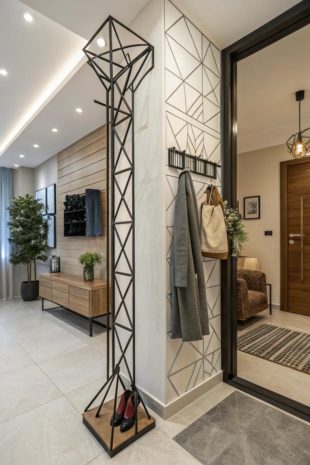 A coat rack featuring geometric blueprints for a contemporary and chic aesthetic.