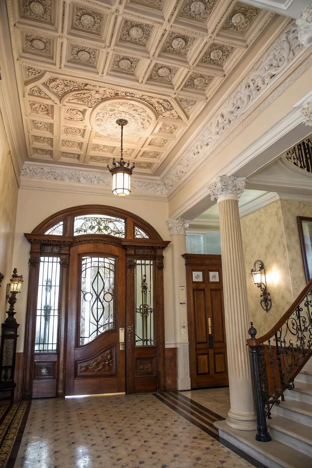 Ceiling designs add interest to this colonial entryway.