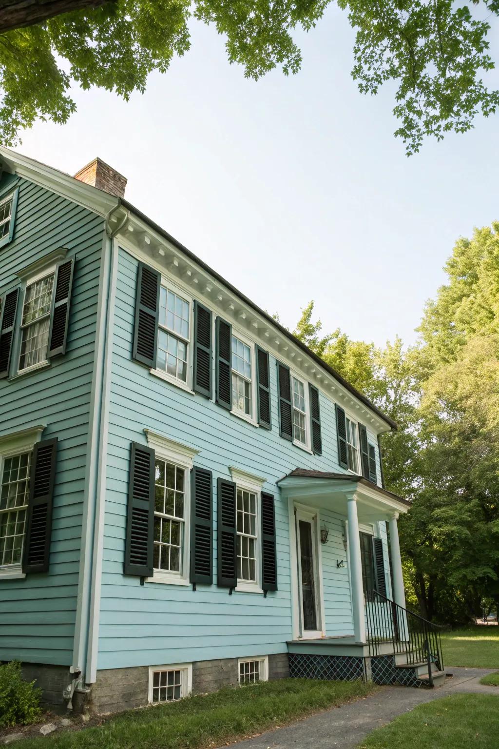 An elegantly understated colonial house with soft azure paneling and ebony window coverings.
