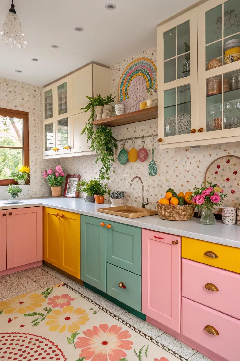 Vibrant cupboards redefine the cooking area's aesthetic.