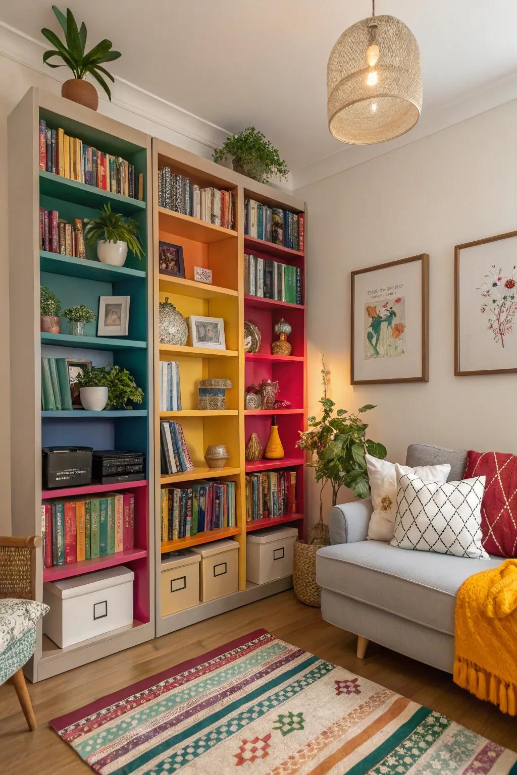 Vibrant shelving adds personality and vibrancy to this lively living room.
