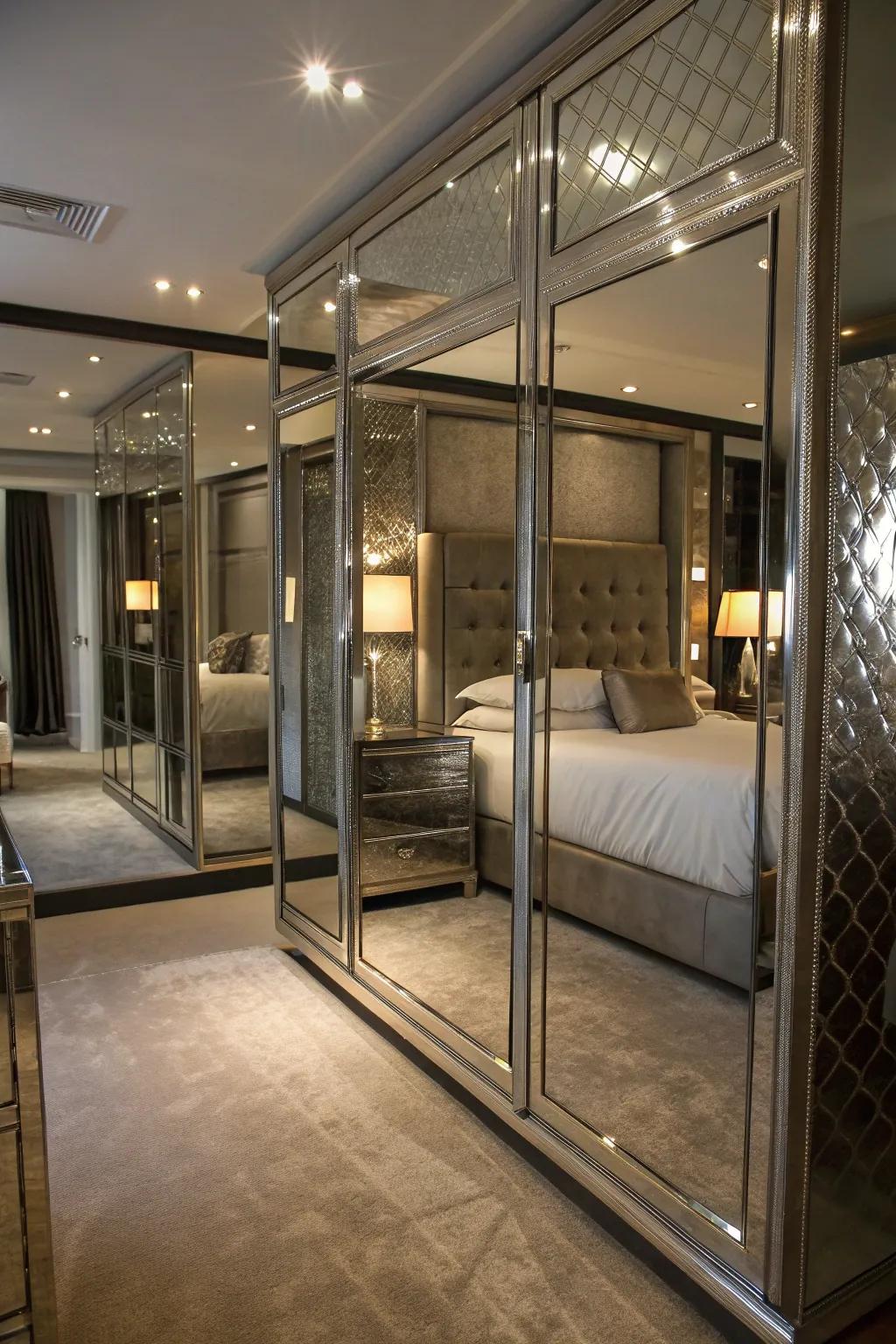 Mirror-like areas enhance light and space in this bedroom.