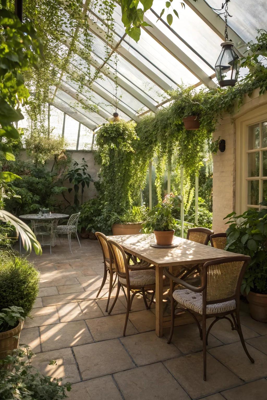 A feasting hideaway in a sunroom, perfect for meals with a view.