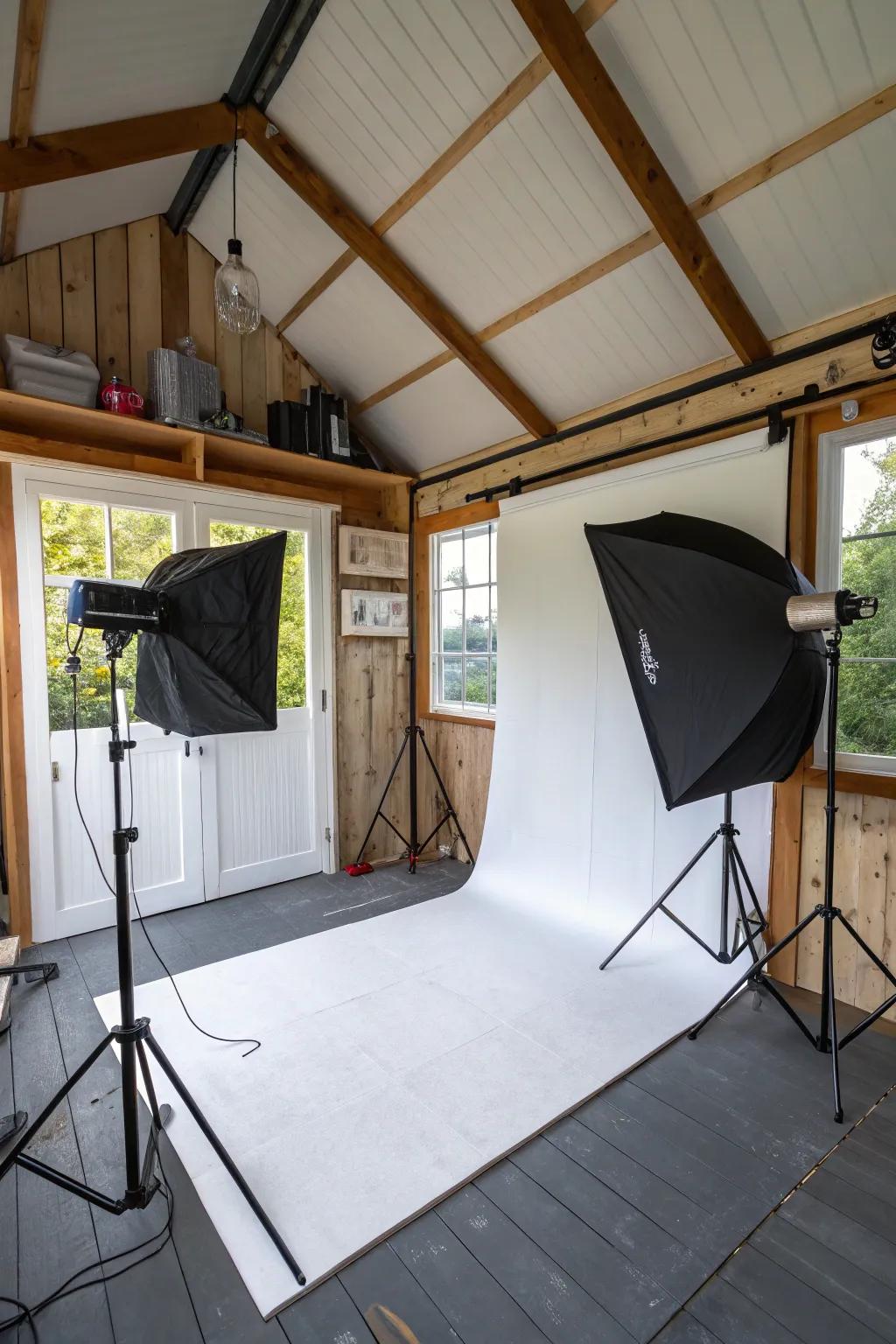 Capture stunning images in a shed photography studio.