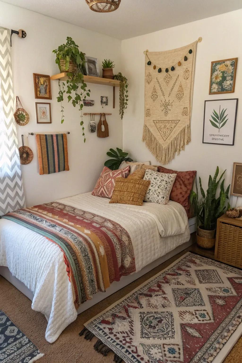 Bohemian decor contributes a lively and cozy charm to a corner bed.