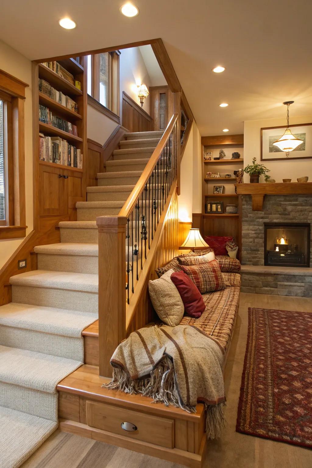 Built-in seating offers comfort and utility along steps.