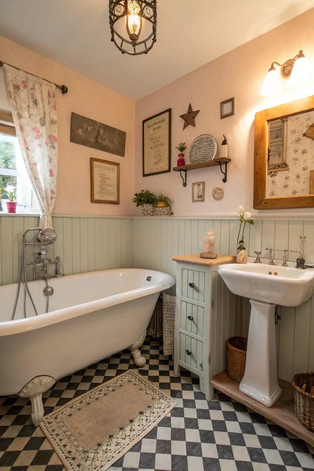 Vintage ornaments introducing charm to a cottage bathroom