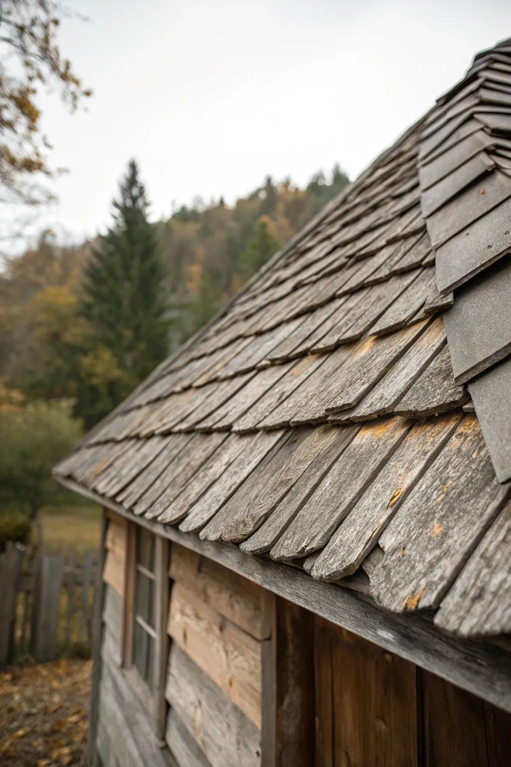 Aged timber tiles append rustic charm to a cottage roof.