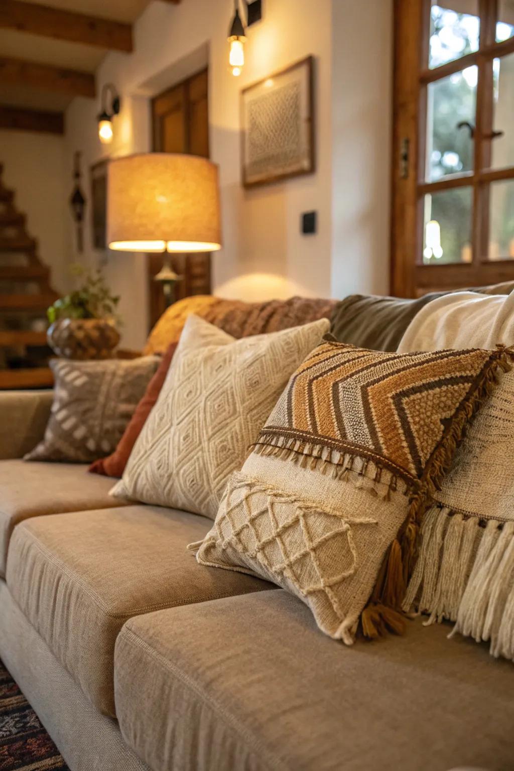 Country cushions provide a warm, earthy feel to the room.