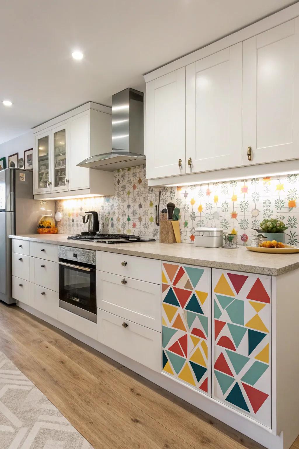 Playful geometric patterns on end caps, making the kitchen feel lively.