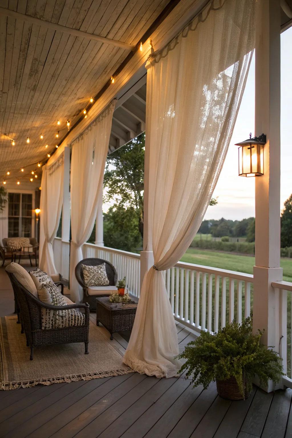 Exterior hangings add design and closeness to this farmhouse veranda.