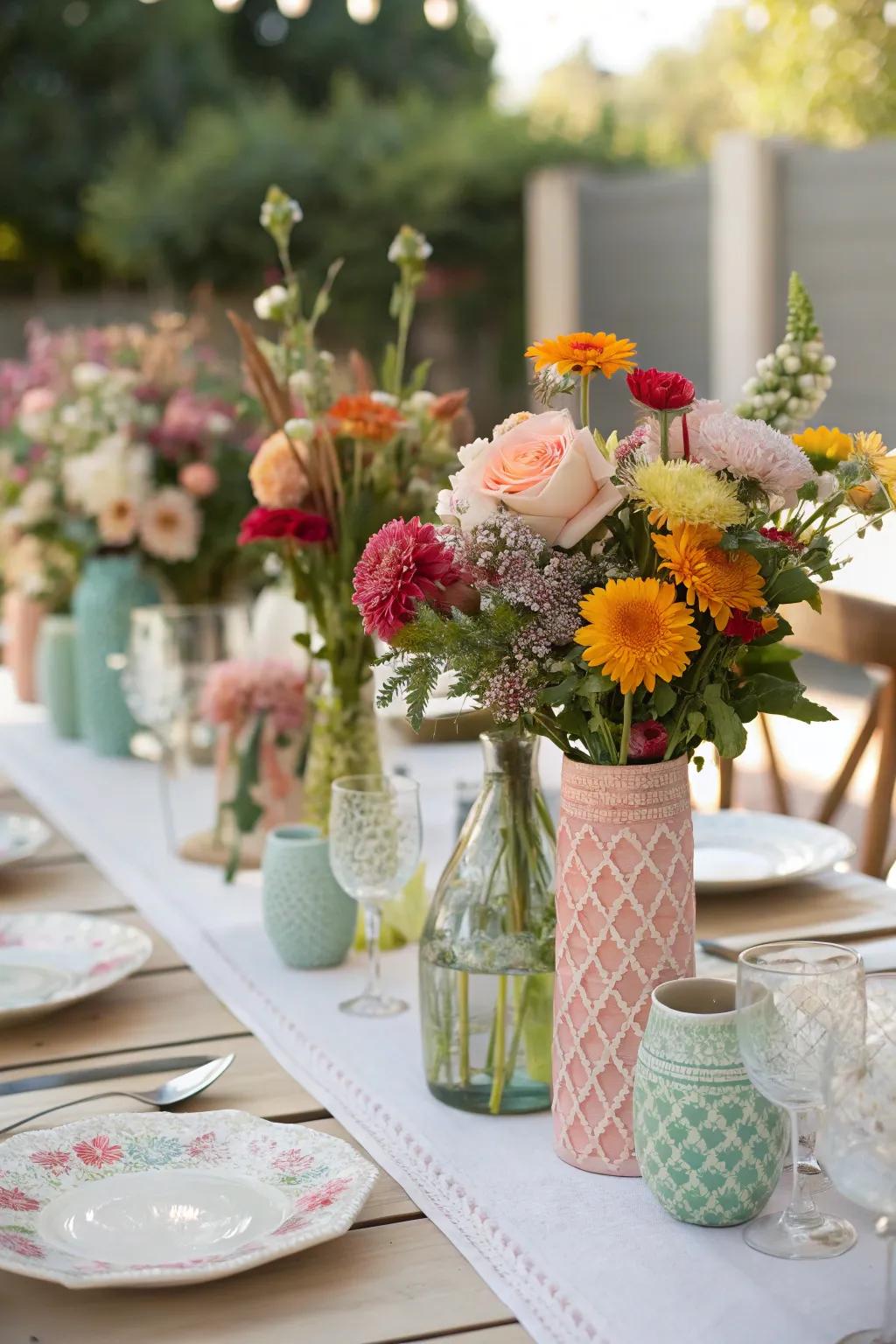 A wedding table featuring grouped mismatched vases filled with vibrant flowers.
