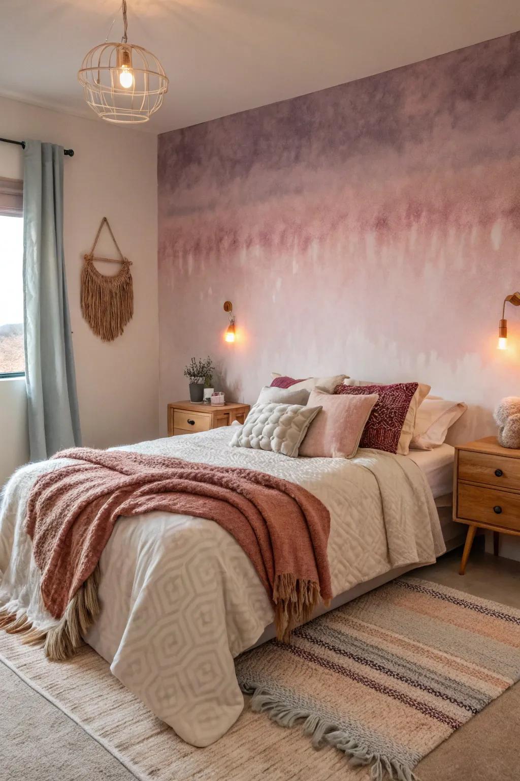 A cozy bedroom featuring ombre wallpaper for a distinctive twist.