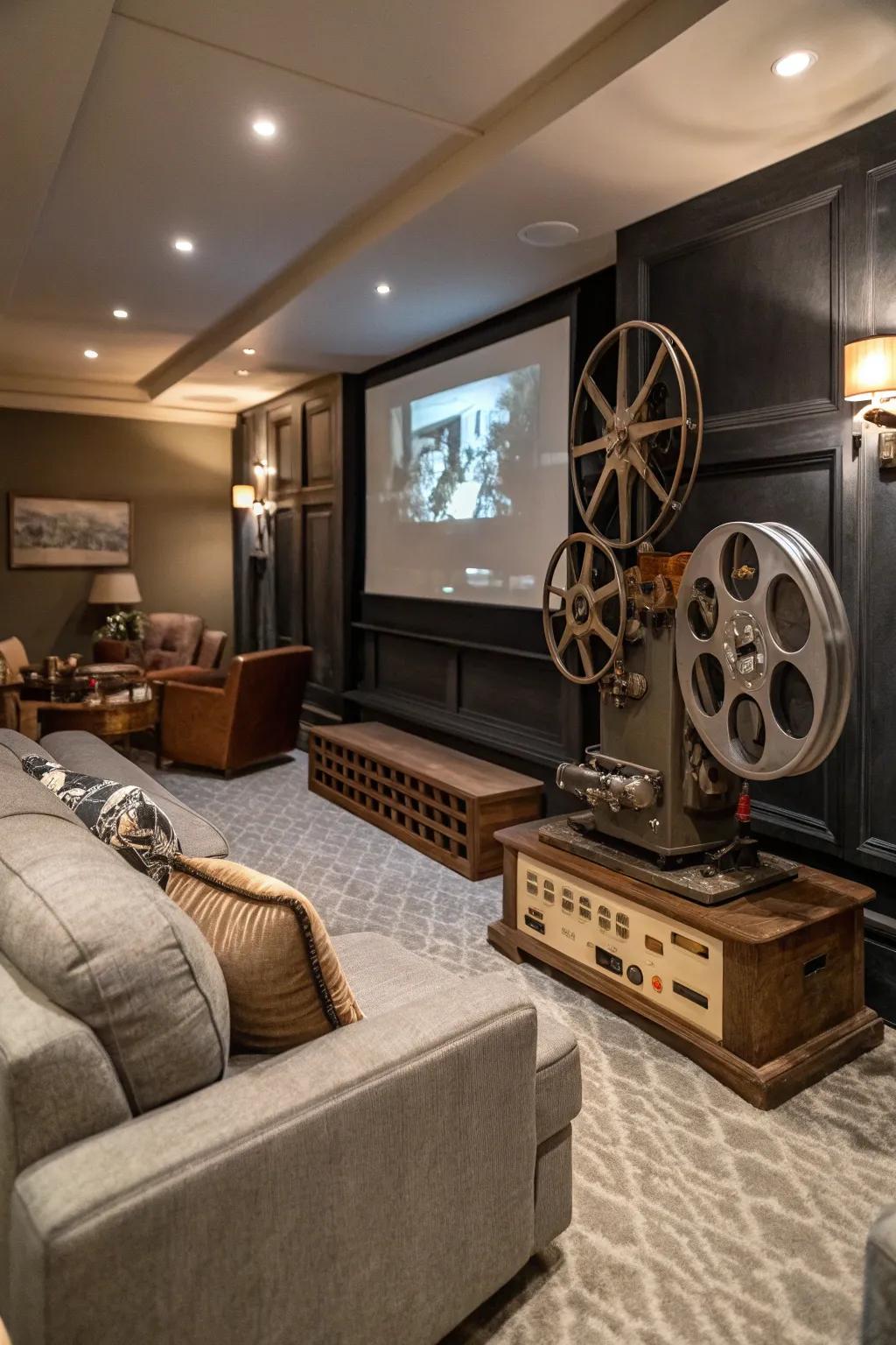 Your cinema room is given a nostalgic touch with vintage accents like film reels.