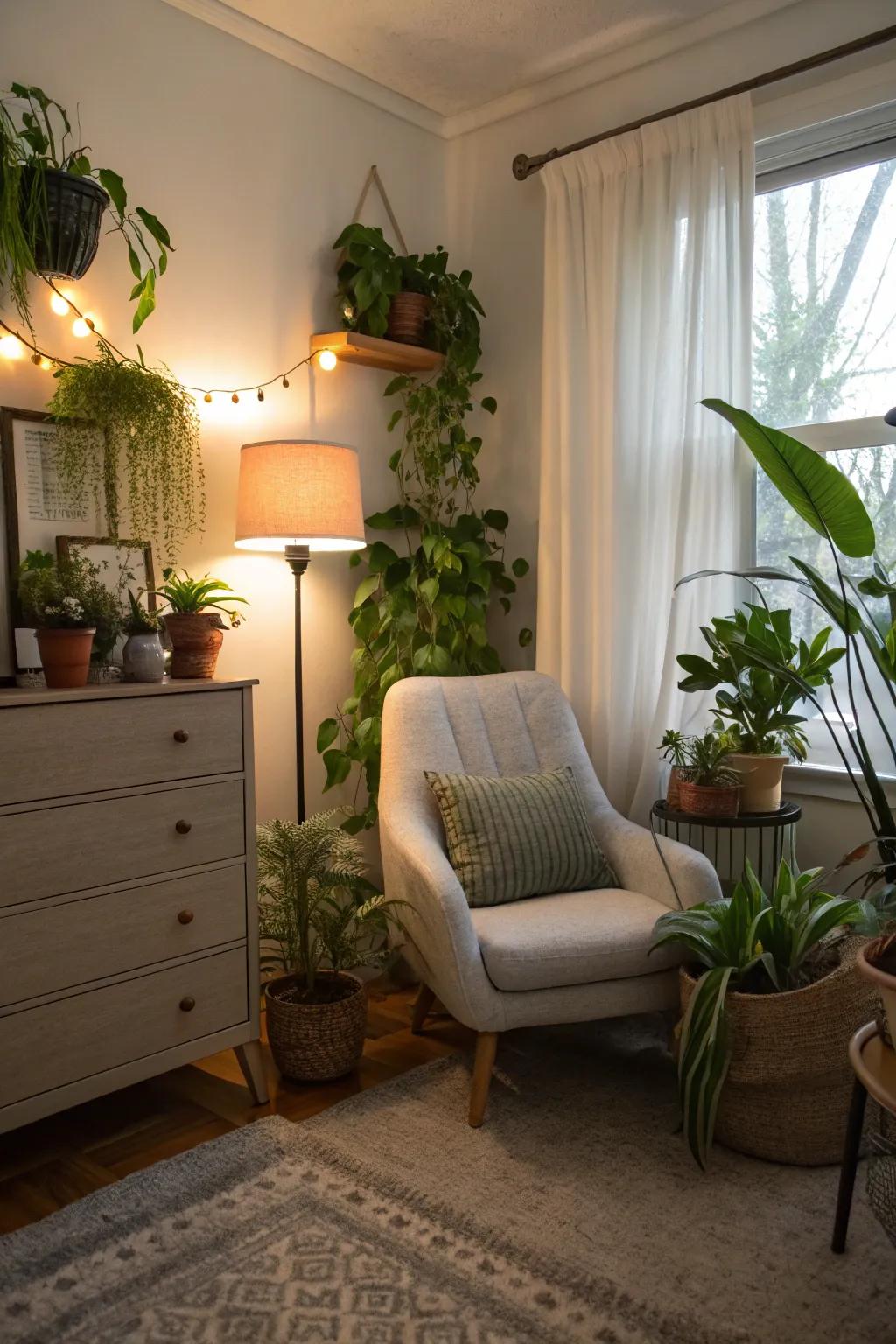 For unwinding, a plant nook offers a tranquil haven within your bedroom.