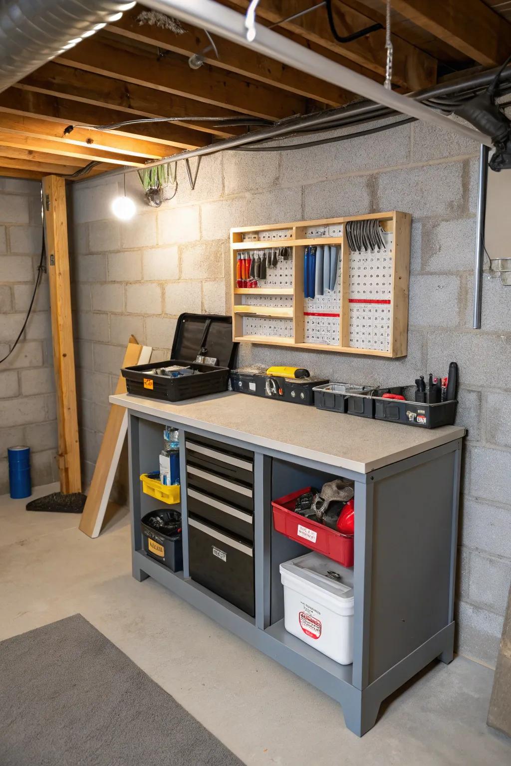 A small workbench can turn your underhouse area into a useful workshop.