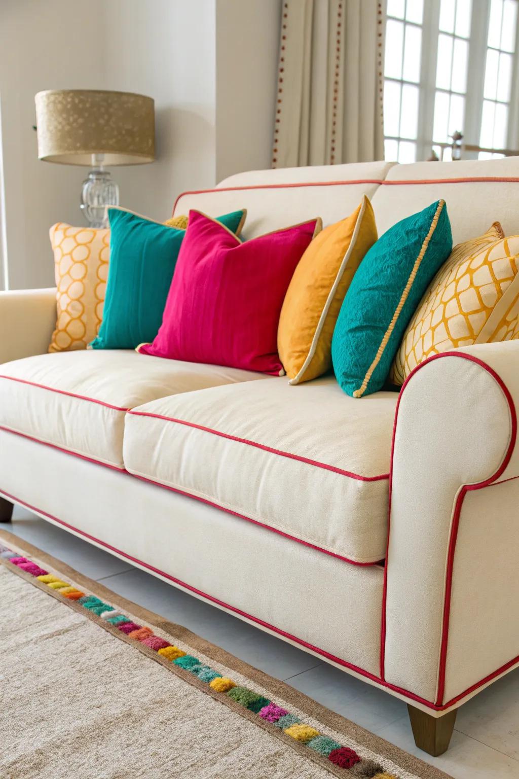 Bold color pops make a vibrant statement in a muted space.