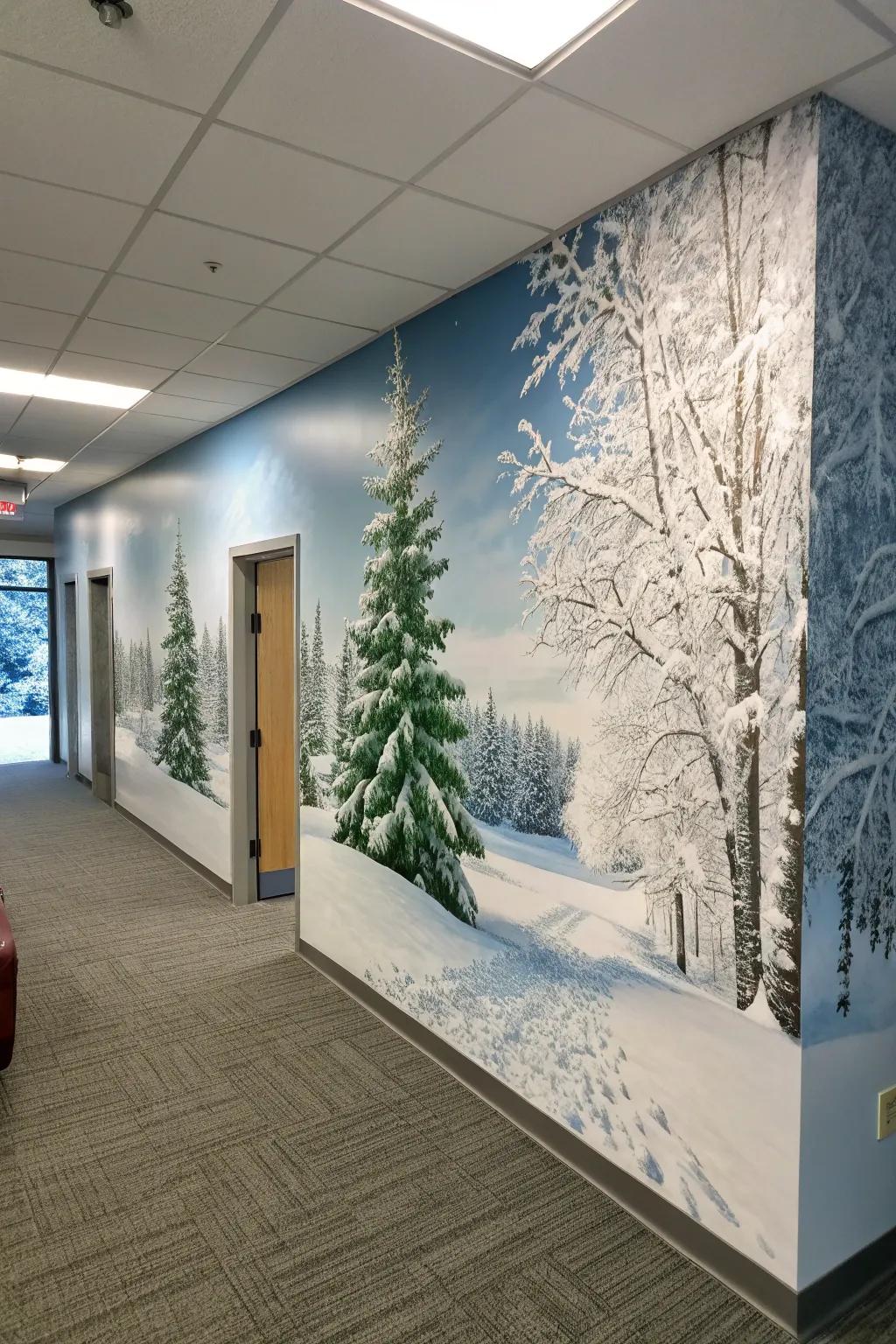 A winter dreamland artwork transforms office walls into a celebratory scene.