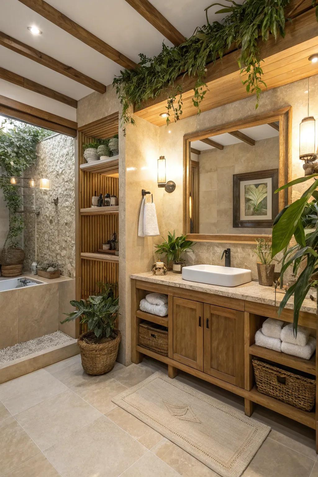Native elements breathe life into an ivory dream bathroom.