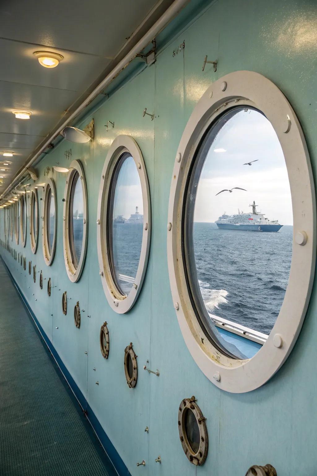 Circular window decals proffer a whimsical aquatic vista.